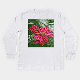 Abstract vibrant red poinsettia on green texture Kids Long Sleeve T-Shirt